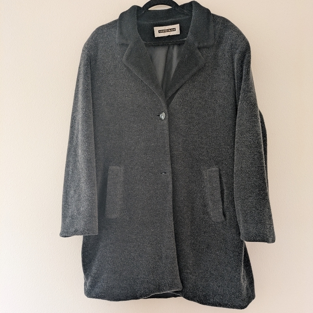90s Vintage Kristen Blake Black/Gray Italian Wool Blend Teddy Coat sz L US Made